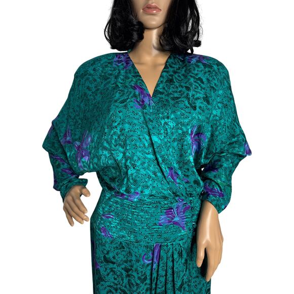 Vintage Maggy London by Jeannene Booher 80s Teal Silk Floral Midi Dress medium - Picture 3 of 17